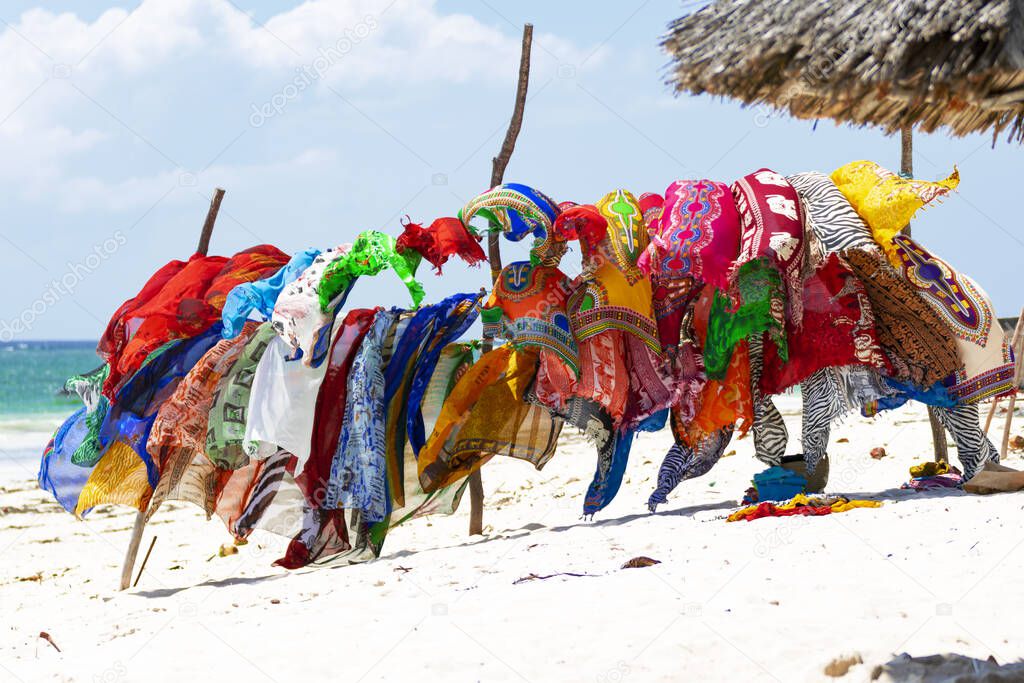 Multicolored textiles on the beach
