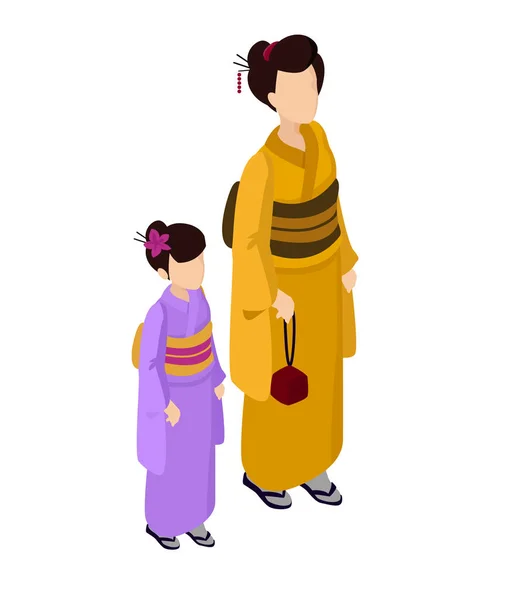 Isometric vector woman with girl mother and walking oriental traditional kimono hakama haori walking japan girl woman douther — Stockvector