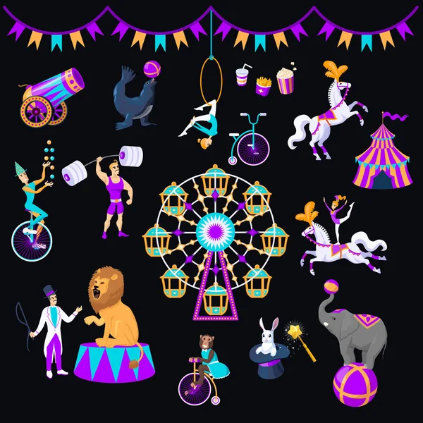 Set of circus elements on black : lion, rlrphant, circus seal, circus cannon, trained monkey on bicycle, trained lion, circus horses, bunny in hat, juggler on unicicle — Stockvektor