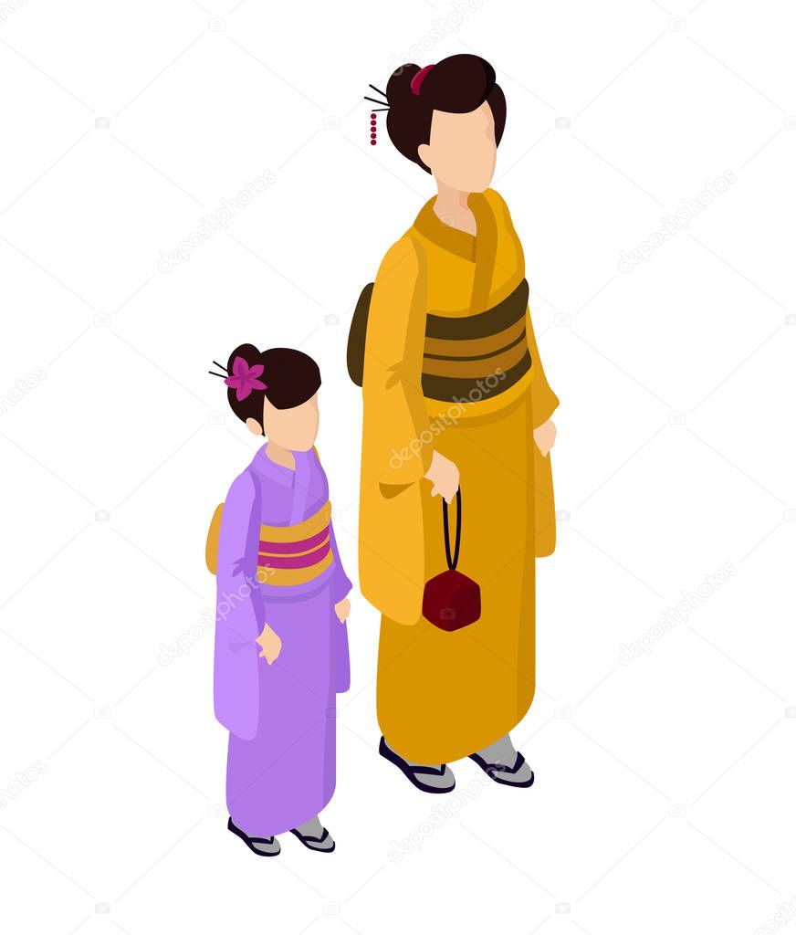 Isometric vector woman with girl mother and walking oriental traditional kimono hakama haori walking japan girl woman douther