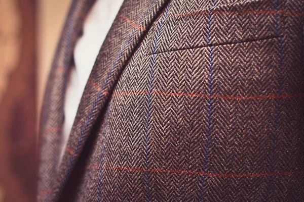 Classic Tweed Men Jacket Closeup Wool Fabric Texture Fashion Lifestyle — Stock Photo, Image