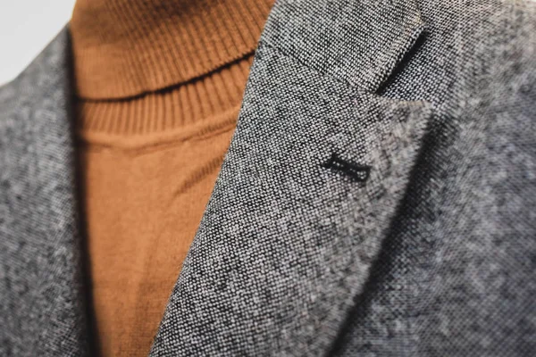 Close Mens Grey Wool Blazer Combined Brown Fashionable Sweater Low — Stock Photo, Image