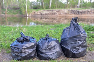 Çöpler doğada, ormanda, nehirde büyük siyah plastik torbalarda. Doğanın bahar temizliği. 
