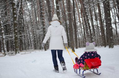 Mutlu anne ve kız kış ormanlarında kızak çekerek eğleniyorlar. 