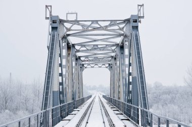Soğuk ve kasvetli bir kış gününde buzlu ağaçların arasında demiryolu köprüsü. Ön görünüm.