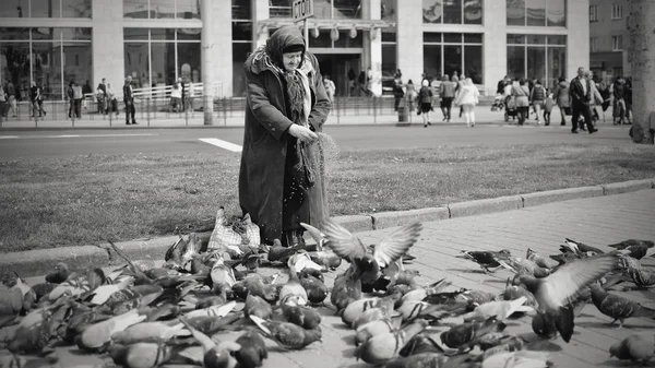 Alte Einsame Frau Die Mitten Der Großstadt Vögel Füttert Menschen — Stockfoto