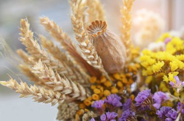 Still life with wheat ears, dry poppy head, yellow and violet wildflowers. 