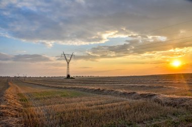 Beautiful sunset view of aricultural field after harvesting