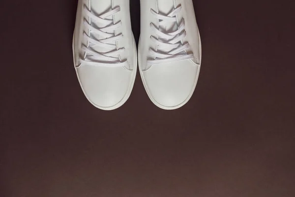 一双褐色背景的白色皮鞋 复制空间 顶部视图 — 图库照片
