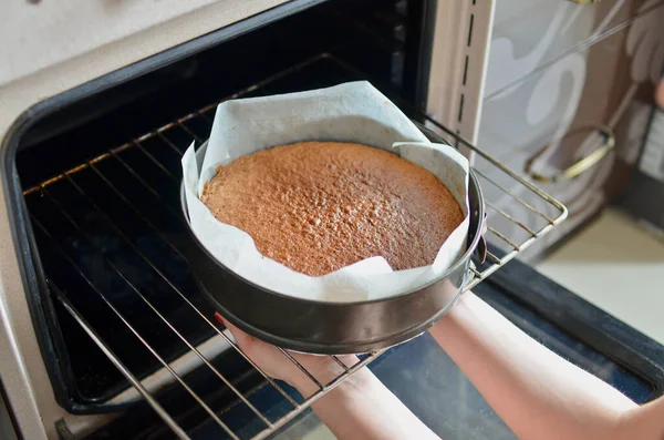 Woman hands taking out ready cake out of the the oven.