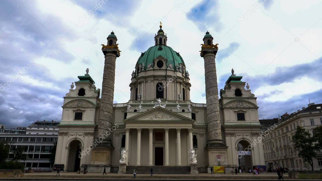 shot of the front of st charles church in vienna