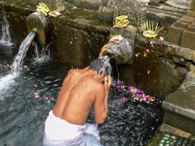 Hindulara tapanlar Bali 'deki kutsal su tapınağında banyo yapıyorlar.