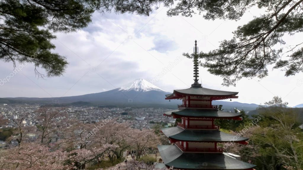 chureito pagoda and mt fuji framed by trees at japan