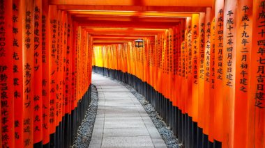 Kyoto, Japonya - 16 Nisan 2018: Fushimi inari türbesindeki torii kapılarından ve fenerlerden geçmek