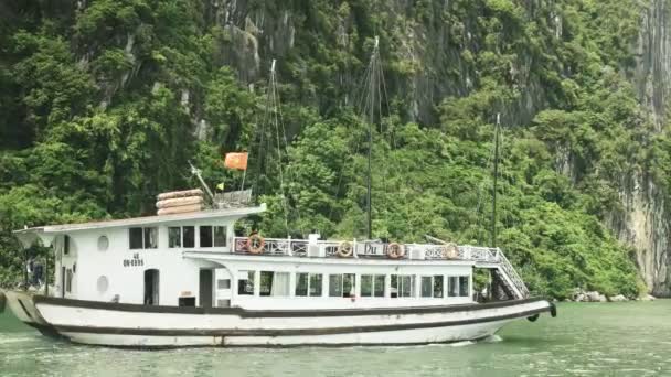 HALONG BAY, VIETNAM - 27 DE JUNIO DE 2017: primer plano de un barco turístico en la bahía de Halong — Vídeo de stock