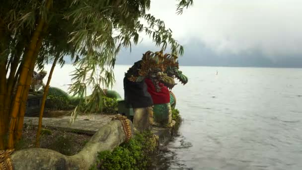 Beratan Gölü 'nün yanında iki ejderha heykeli. — Stok video