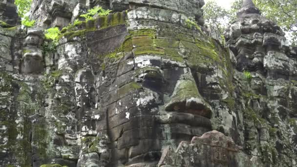 Close view of a lichen covered face-tower in angkor — Stock Video