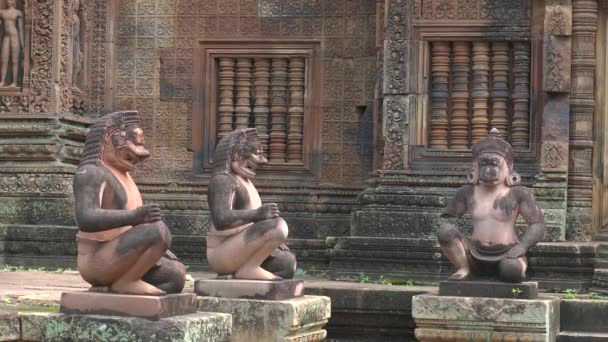 Primer plano de las estatuas de la diety hindú en banteay srei templo en angkor — Vídeos de Stock