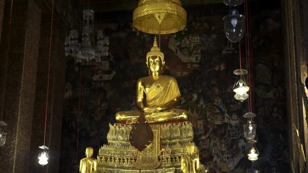 Een ruime Boeddha in de wijdingszaal van wat pho tempel bij bangkok — Stockvideo