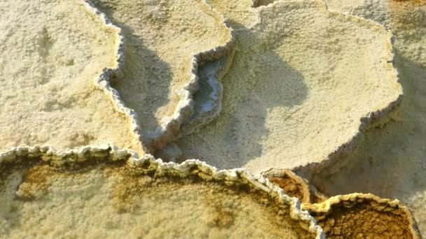 Primer plano plano plano de las terrazas de travertino de primavera montículo en manantiales termales mamut en piedra amarilla — Vídeo de stock