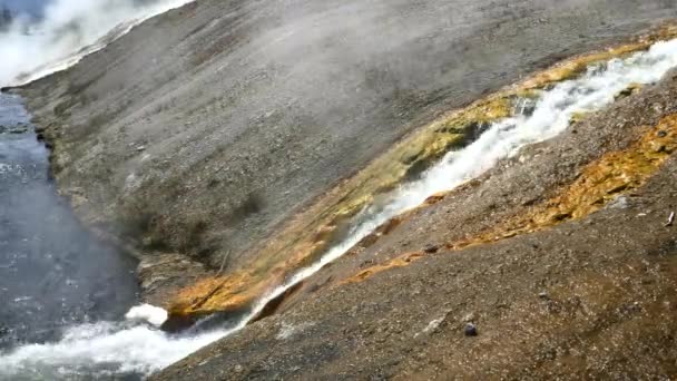 Zblízka horké vody vtékající do řeky v Yellowstone — Stock video