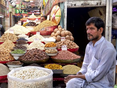 DELHI, INDIA - 14 Mart 2019: Eski Delhi 'deki baharat pazarında fındık satan bir satıcının yakın görüntüsü