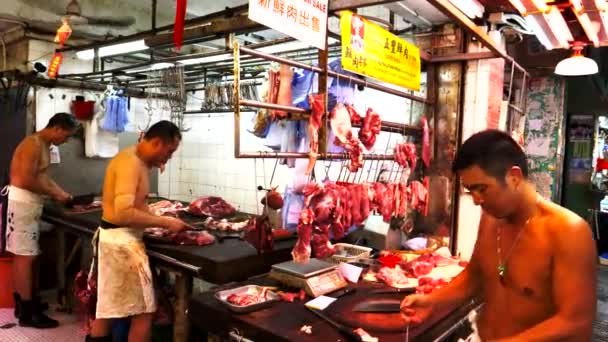 Hongkong China Oktober 2017 Fleischereiarbeiter Auf Den Nassen Märkten Von — Stockvideo