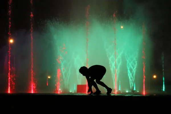 Young Boy Frolicking Fountain Warsaw — Stock Photo, Image