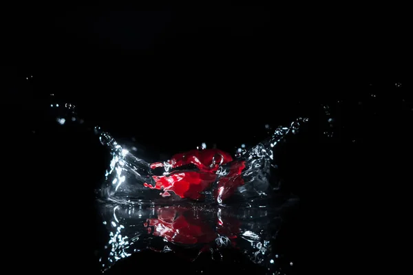 Olgun ahududu siyah izole sıçrama ile suya düşen