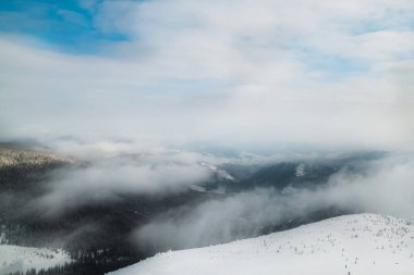 Bulutlar ve sis karlı dağlar yukarıda. Dağlar tepeler üzerinde orman