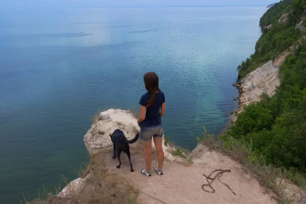 Дівчина і собака на скелі — стокове фото