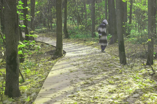 Страшная фигура в мантии в лесу, обесцвеченное изображение — стоковое фото