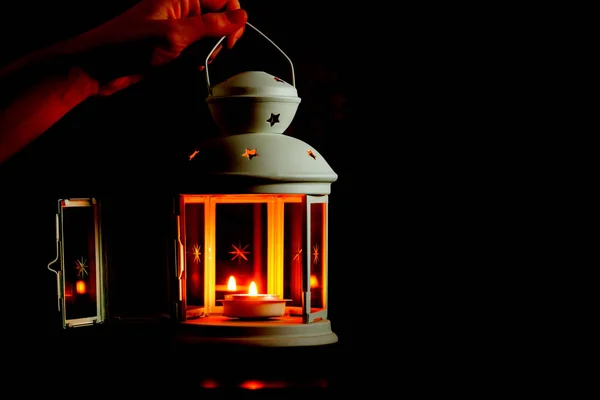 Beautiful decoration lantern or candle holder of white iron — Stock Photo, Image