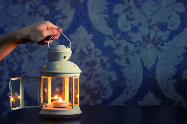 Beautiful decoration lantern or candle holder of white iron — Stock Photo, Image