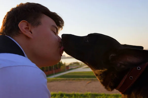Garçon embrasser son chien — Photo