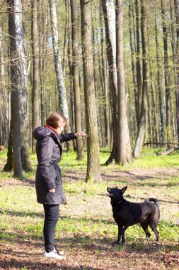 genç kadın oyun ile bir parkta siyah köpek