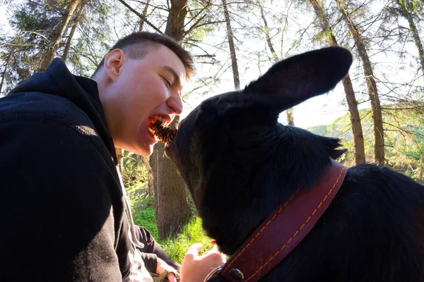 Ovanlig Skott Män Och Hans Hund Skog — Stockfoto