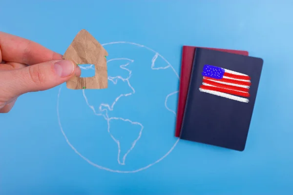 american citizen passport on world map with flag