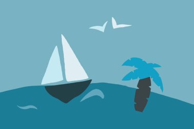 Palmiye ağaçları ve yelkenli teknesi olan bir kumsal. kağıt kesiği