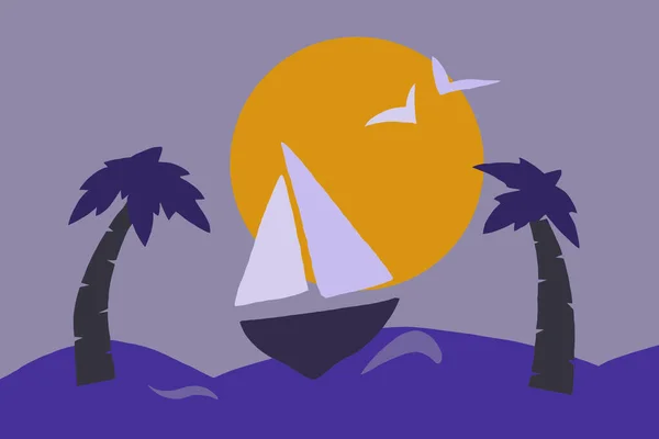 beach with palm trees and a sailing boat . paper cut