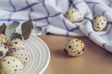 Tablo ayarı ile beyaz tabak, kumaş peçete, bıldırcın yumurtası