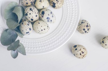 Tablo ayarı ile beyaz tabak, kumaş peçete, bıldırcın yumurtası