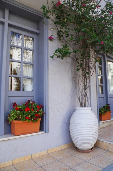 Die klassische Architektur der griechischen Städte, violette Fenster und Türen an den weißen Gebäuden und Blumen am Eingang — Stockfoto