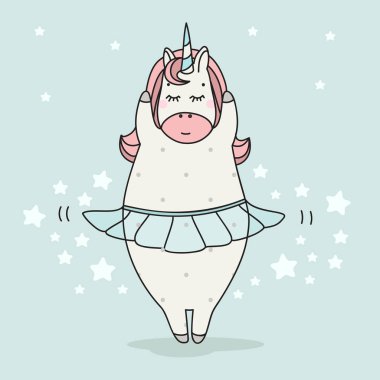 Cute ballerina dancer unicorn. Cartoon illustration. Doodle art of magic creature. vector