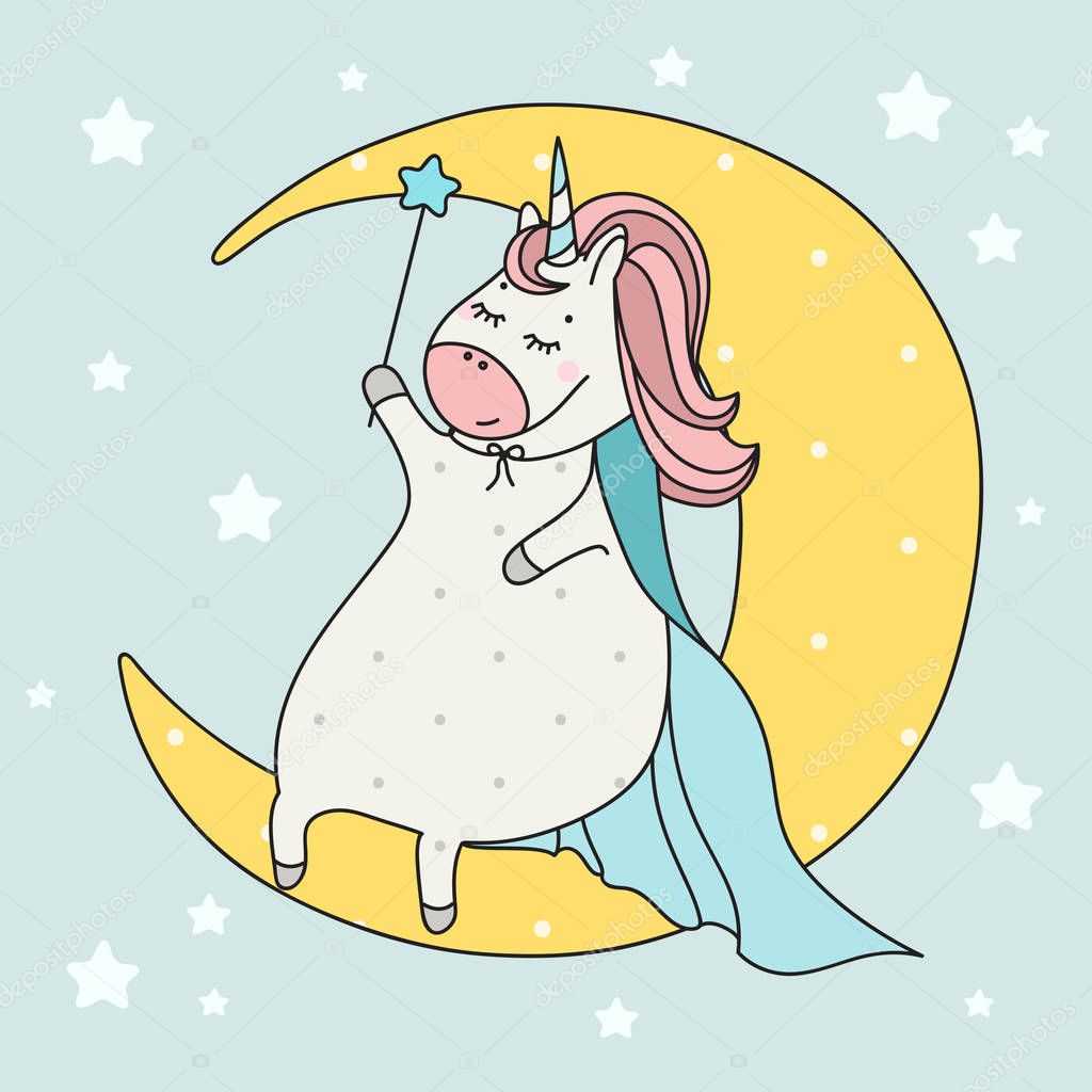 Cute wizard unicorn with wand sitting on the moon. Cartoon illustration. Doodle art of magic creature.