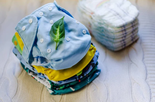 Stack Reusable Nappies Ecological Trend Baby Care Washable Cloth Diapers — Stock Photo, Image
