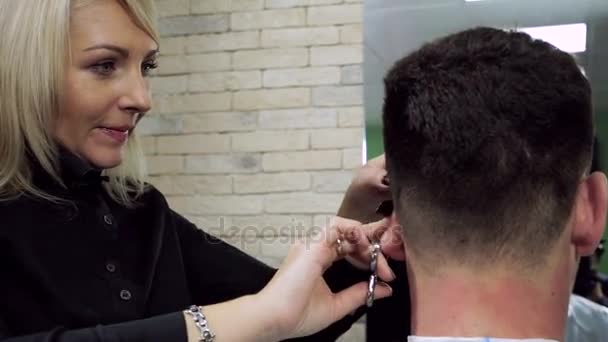 Haircut At Barbers Female Hairdresser Shaping Mens Hair Into A