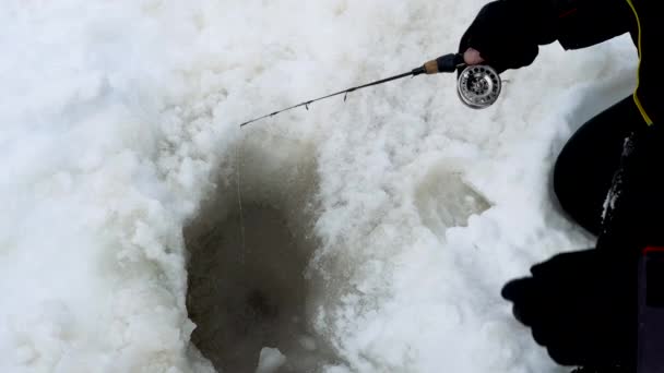 Close-up shot of male hand of fisherman holding fishing rod on the background of the frozen river. Fisherman is fishing in wintertime. Ice fishing concept. 4K — Stock Footage Close-up shot of male hand of fisherman holding fishing rod on the background of the frozen river. Fisherman is fishing in wintertime. Ice fishing concept. 4K Video Clip