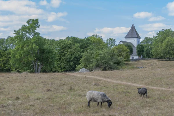 Krajina s kostelem v Hovgarden ve Švédsku — Stock fotografie