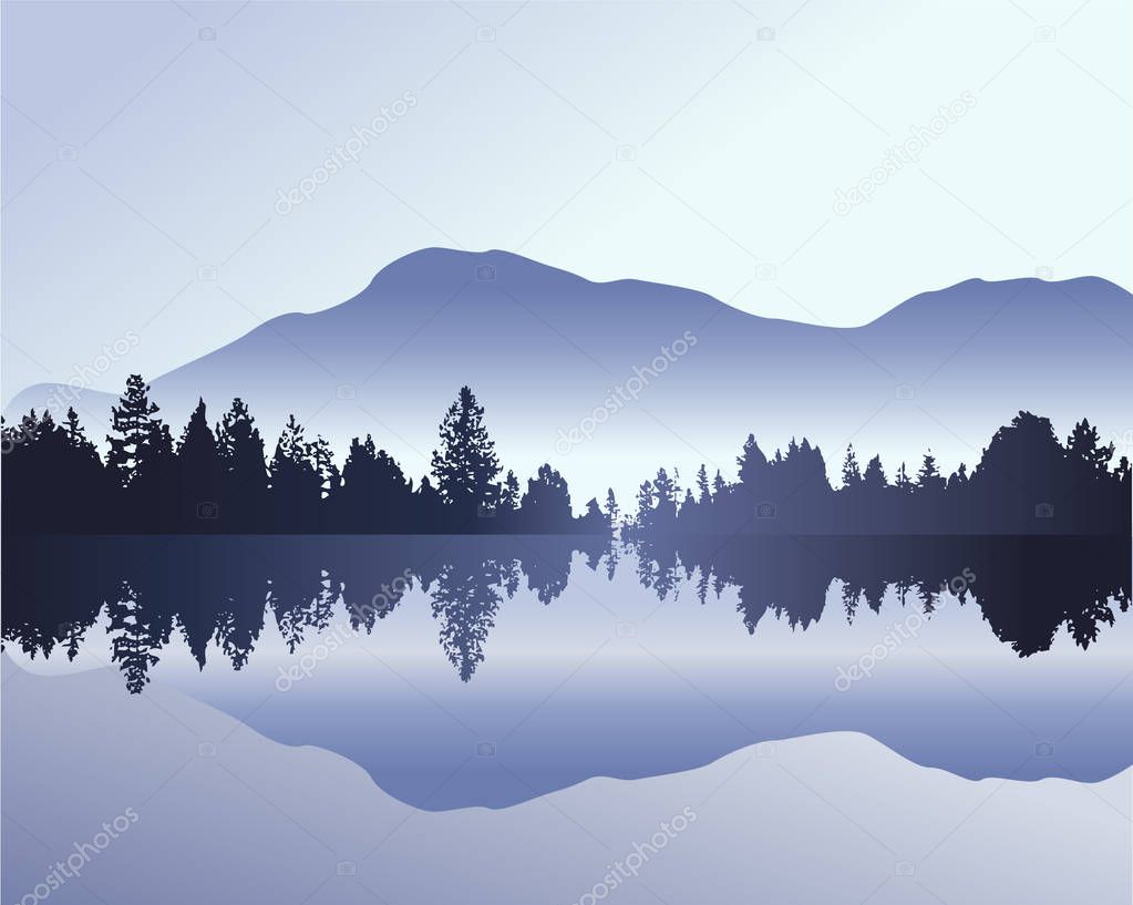 Mountain Peaks, trees and river. 